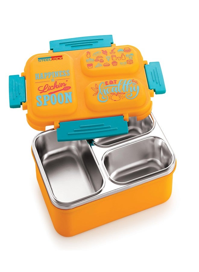 STEELLOCK SmartMeal 3 Compartment Stainless Steel Insulated Lunch Box for Kids & Adults with Spoon | Leak-Proof Tiffin with Silicone Gasket Lid | Bento Box for School, Boys, Girls & Office 600 ML - Yellow - Image 2